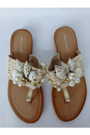 Papuci dama de vară din dantela perle strassuri si scoici naturale