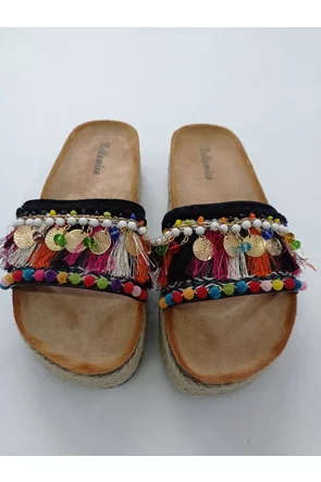 Papuci de dama boho de vară cu ciucuri și franjuri si margele