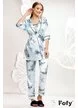 Pijama Fofy in saten premium 3 piese imprimeu bleu cu frunze de palmier