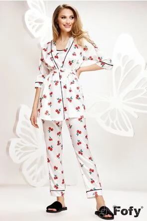 Pijama Fofy in saten premium 3 piese imprimeu cu cirese