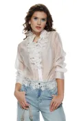 Blugi dama wide premium albastru deschis elastici cu broderie margele cristale si perle picture - 2