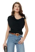 Bluza dama eleganta neagra premium cu guler fald si accesoriu metalic detasabil picture - 1