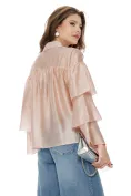 Bluza dama eleganta roz premium din matase acetat cu guler si maneci cu volane suprapuse picture - 2