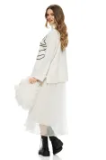 Compleu dama elegant crem cu angora pulover pe gat cu trandafir si rochie cu fusta de tull plisat bordurata picture - 2