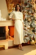 Compleu dama elegant crem premium gros fusta si pulover cu cristale si floare decorativa picture - 3