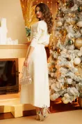 Compleu dama elegant crem premium gros fusta si pulover cu cristale si floare decorativa picture - 4