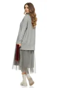 Compleu dama elegant gri cu angora pulover cu paiete si rochie cu fusta de tul plisat picture - 3