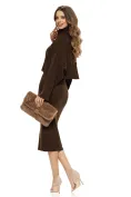 Compleu dama tricotat premium maro cu fusta si pulover maneca fluture cu torsade picture - 2