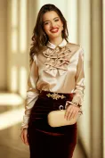 Fusta eleganta din catifea bordo Fofy cu talie inalta pliuri si accesoriu din cristale picture - 3