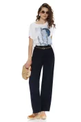 Pantalon dama bleumarin din vascoza premium cu curelusa impletita picture - 1