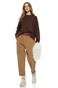 Pantalon dama conic cu talie inalta din raiat bej cu dungi fine si curea picture - 1