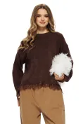 Pantalon dama conic cu talie inalta din raiat bej cu dungi fine si curea picture - 3