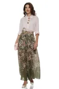 Pantaloni dama premium largi olive cu imprimeu floral din matase de tencel cu in picture - 2