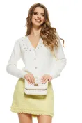 Pulover dama elegant crem stil jacheta cu nasturi cristal si aplicatii de perle si strasuri picture - 1