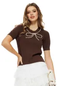 Pulover dama elegant maro cu fundita de perle la decolteu picture - 1