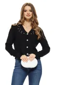 Pulover dama elegant negru stil jacheta cu nasturi cristal si aplicatii de perle si strasuri picture - 1
