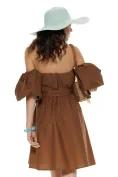 Rochie de vara scurta din bumbac cafeniu cu maneci bufante picture - 2