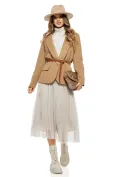 Sacou dama elegant din stofa supersoft bej cu accesorii aurii si curea picture - 3