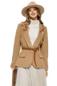 Sacou dama elegant din stofa supersoft bej cu accesorii aurii si curea picture - 1