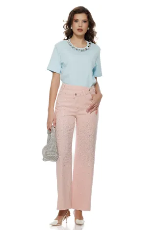 Blugi dama premium water pink fashion trend 2026 cu strasuri si inchidere asimetrica