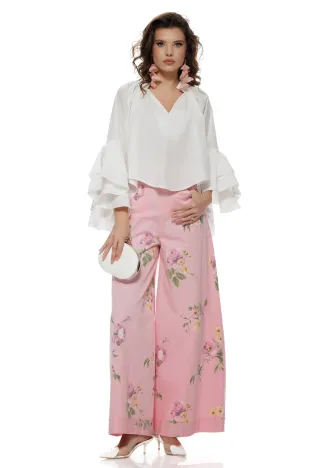 Blugi dama roz extralong wide cu imprimeu floral talie inalta