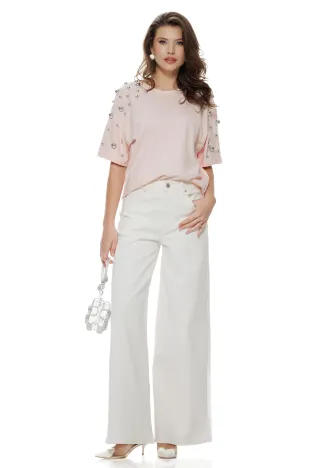 Blugi dama wide premium cloud dancer 2026 elastic cu buzunare roz cu strassuri