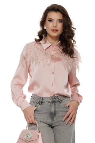 Bluza dama de ocazie roz satinata cu aplicatie spectaculoasa de margele si paiete