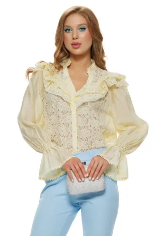 Bluza dama din organza premium galbena dantela si volane