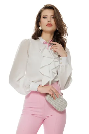 Bluză dama eleganta alba Fofy cu jabou elaborat si funda detasabila roz