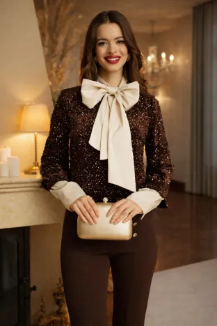 Bluza dama eleganta din catifea cu paiete maro