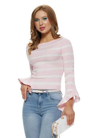 Bluza dama eleganta din tricot cu dungi roz premium cu maneca clopotel plisat