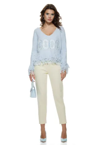 Bluza dama eleganta din tricot premium baby blue cu broderie cu floricele si franjuri