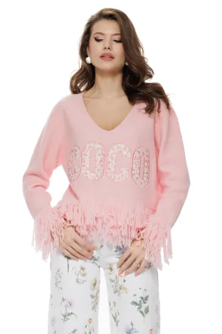 Bluza dama eleganta din tricot premium roz cu broderie cu floricele si franjuri