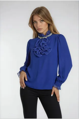 Bluză dama eleganta Fofy albastru royal din voal  jabou conturat cu lurex argintiu si strasuri la gat