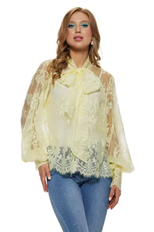 Bluza dama eleganta galbena din dantela premium de bumbac cu mansete late esarfa si terminatii ondulate