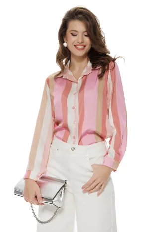 Bluza dama eleganta satinata cu dungi late in nuante de roz
