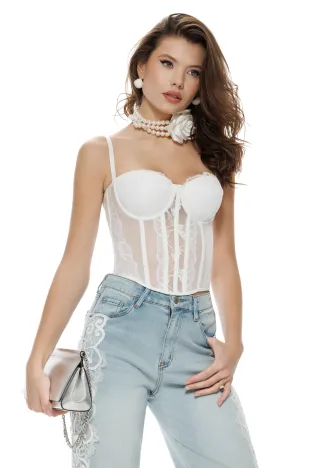 Bluza dama eleganta stil corset din dantela alba elastica premium
