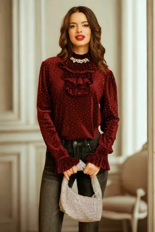 Bluză dama Fofy eleganta cu jabou din catifea elastica bordo si accesoriu strasuri