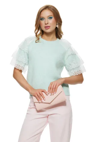 Bluza dama tricotata aqua premium cu volane de dantela