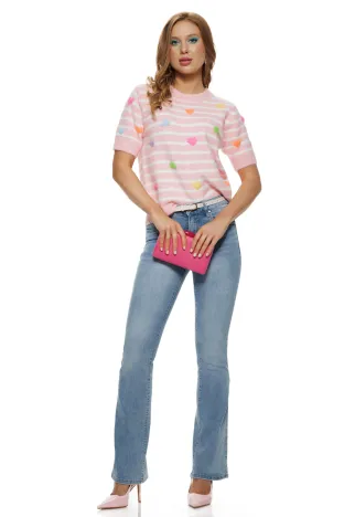 Bluza dama tricotata roz premium cu inimioare brodate multicolore