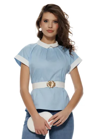 Cămașă damă baby blue cu guler alb, talie marcată și detalii elegante Fofy