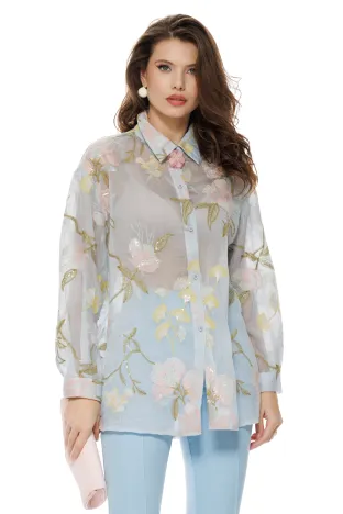 Camasa dama de lux  din matase naturala cu bumbac  broderie paiete fine si  brosa florala