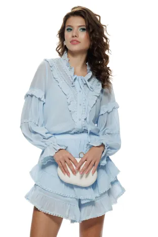 Compleu dama baby blue elegant camasa si fusta cu volane si dantela