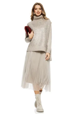 Compleu dama elegant bej cu angora pulover cu paiete si rochie cu fusta de tul plisat