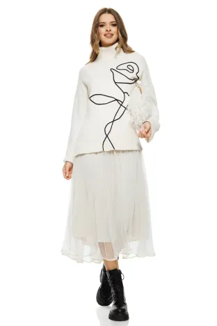 Compleu dama elegant crem cu angora pulover pe gat cu trandafir si rochie cu fusta de tull plisat bordurata