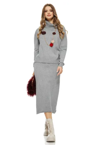 Compleu dama elegant din tricot gri premium fusta midi si pulover pe gat
