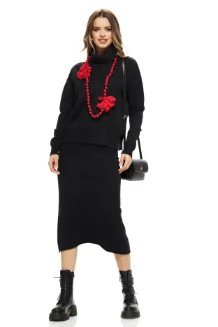 Compleu dama elegant din tricot negru premium fusta midi si pulover pe gat