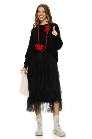 Compleu dama elegant negru cu angora pulover cu funda la spate si fusta de tul cu volane spiralate