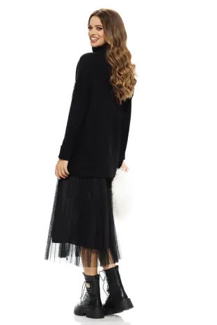 Compleu dama elegant negru cu angora pulover cu paiete si rochie cu fusta de tul plisat