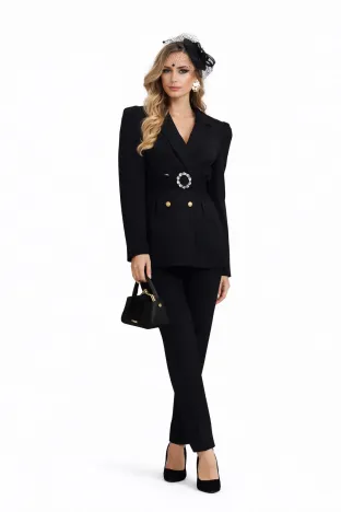 Compleu dama elegant negru cu catarama sacou cu pantalon